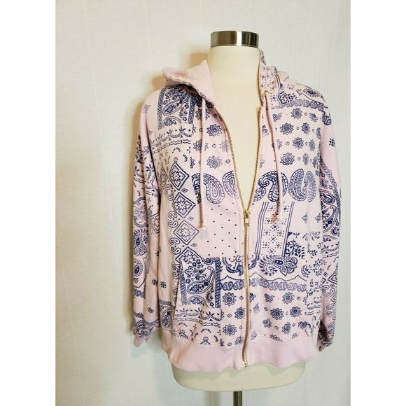 J Crew University Terry Hoodie Jacket Size XL Bandana Patchwork Paisley Pink - Picture 4 of 6